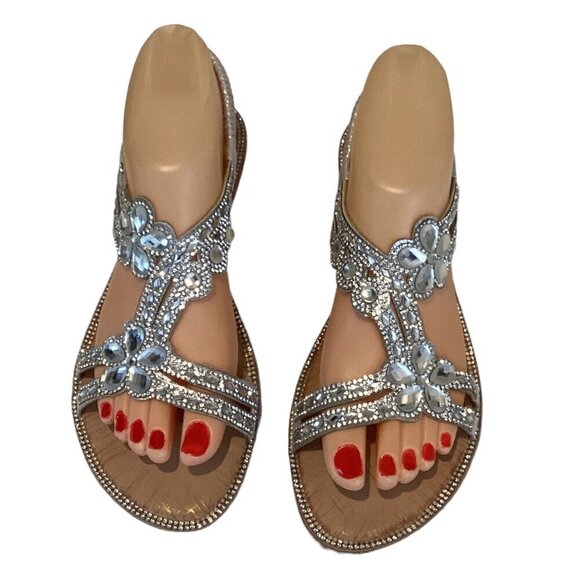 Dressy BOHO Rhinestone Flower Silver Flat Comfort Sandal Sz 38 US 7.5 #292G - Picture 3 of 8